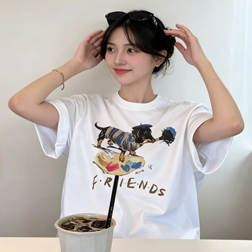 닥스 훈트 프린트 루즈핏 느긋한 반팔 티셔츠 여성 여름 다용도 패션 편안함 미니멀리즘 맨위
