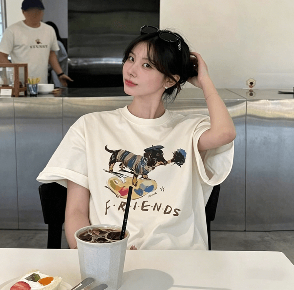 닥스 훈트 프린트 루즈핏 느긋한 반팔 티셔츠 여성 여름 다용도 패션 편안함 미니멀리즘 맨위 상세 이미지 3