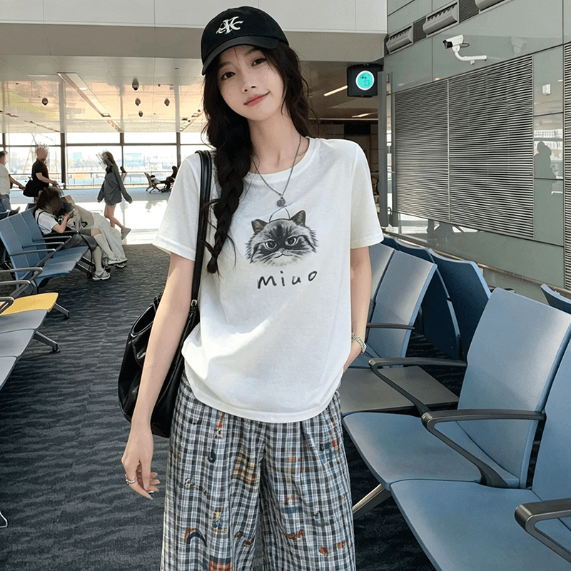 고양이 프린트 화이트 반팔 여성 여름 루즈핏 캐주얼 작은 대중 맨위 상세 이미지 4