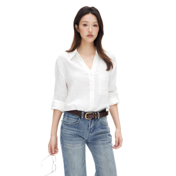 프랑스식 화이트 여성 셔츠 봄 여름 느긋한 바람 느슨함 센스 V넥 면 린넨 셔츠 자외선 차단 맨위 상세 이미지 1