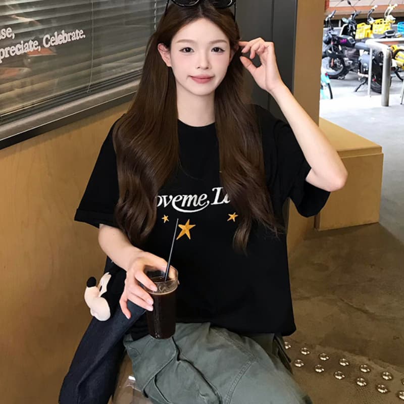 아메리칸 거리 별 알파벳 프린트 검정색 반팔 티셔츠 여성 여름 느슨함 센스 루즈핏 캐주얼 무거운 맨위 상세 이미지 1