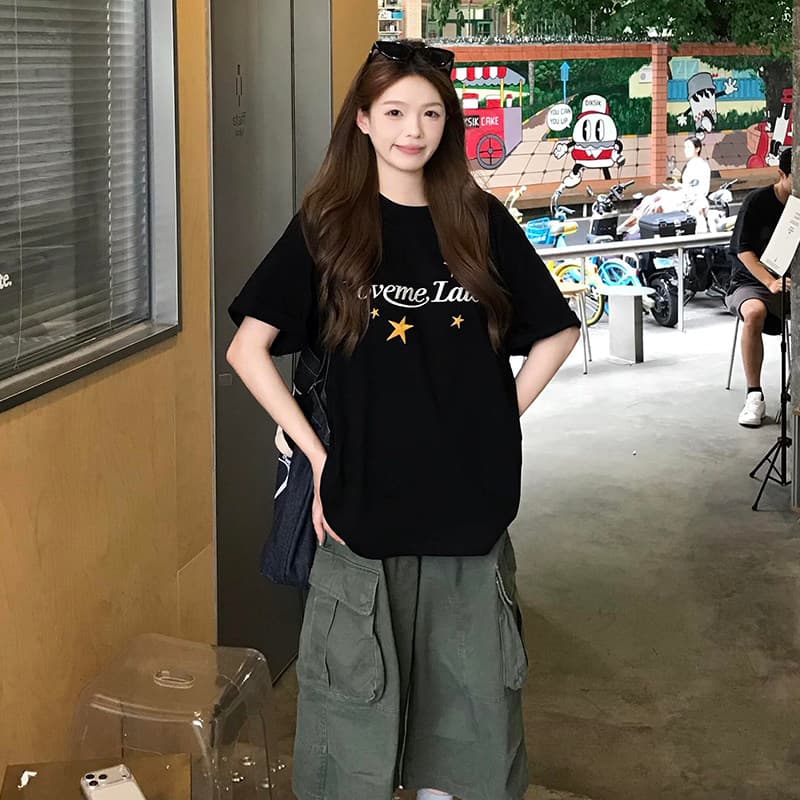 아메리칸 거리 별 알파벳 프린트 검정색 반팔 티셔츠 여성 여름 느슨함 센스 루즈핏 캐주얼 무거운 맨위 상세 이미지 3