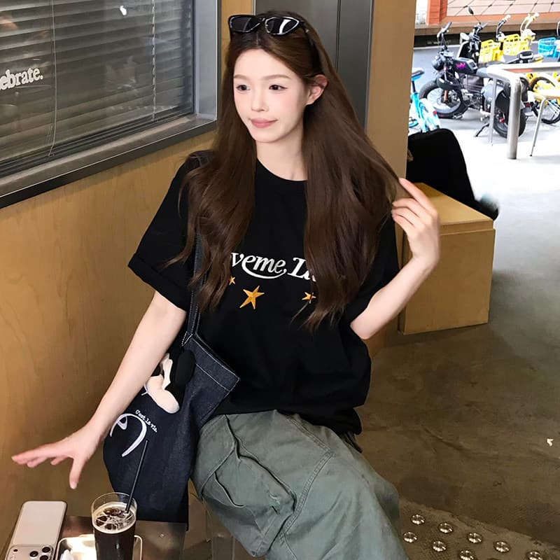 아메리칸 거리 별 알파벳 프린트 검정색 반팔 티셔츠 여성 여름 느슨함 센스 루즈핏 캐주얼 무거운 맨위 상세 이미지 4