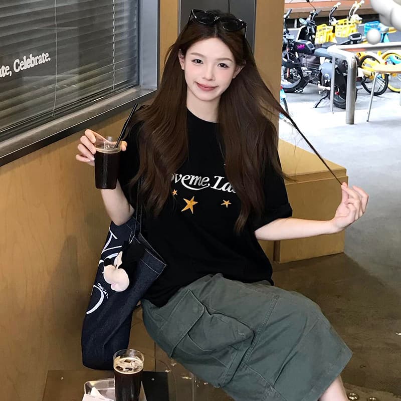 아메리칸 거리 별 알파벳 프린트 검정색 반팔 티셔츠 여성 여름 느슨함 센스 루즈핏 캐주얼 무거운 맨위 상세 이미지 5