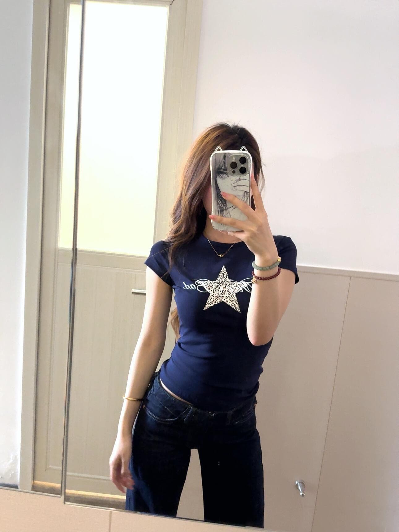 아메리칸 레트로 레오파드 무늬 해군 알파벳 반팔 티셔츠 여성 여름 몸매 가꾸기 슬림해 보이는 다용도 핫걸 캐주얼 맨위 이미지 4