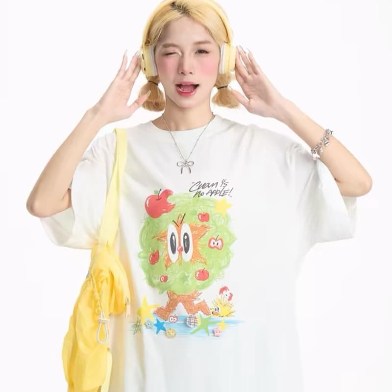 반팔 여성 여름 재미있는 사과 나무 낙서 티셔츠 루즈핏 느긋한 달콤한 차가운 연령 감소 새로운 맨위 상세 이미지 1