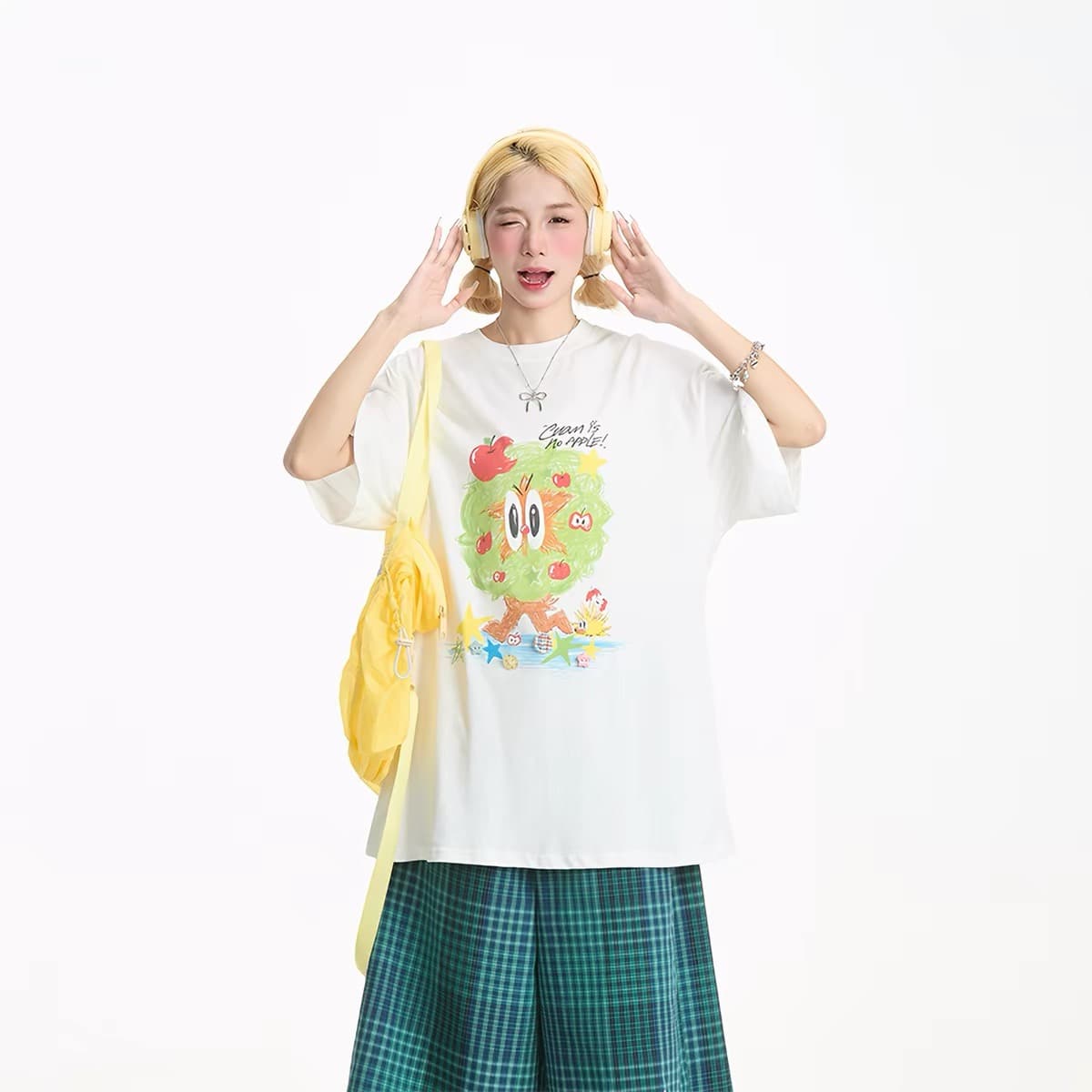 반팔 여성 여름 재미있는 사과 나무 낙서 티셔츠 루즈핏 느긋한 달콤한 차가운 연령 감소 새로운 맨위 상세 이미지 5