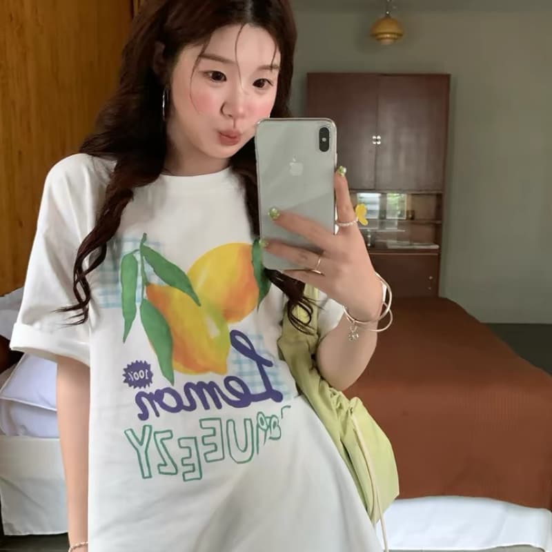 한국 스타일 루즈핏 슬림해 보이는 프린트 반팔 티셔츠 여성 라운드 넥 중간 길이 반소매 맨위 상세 이미지 1