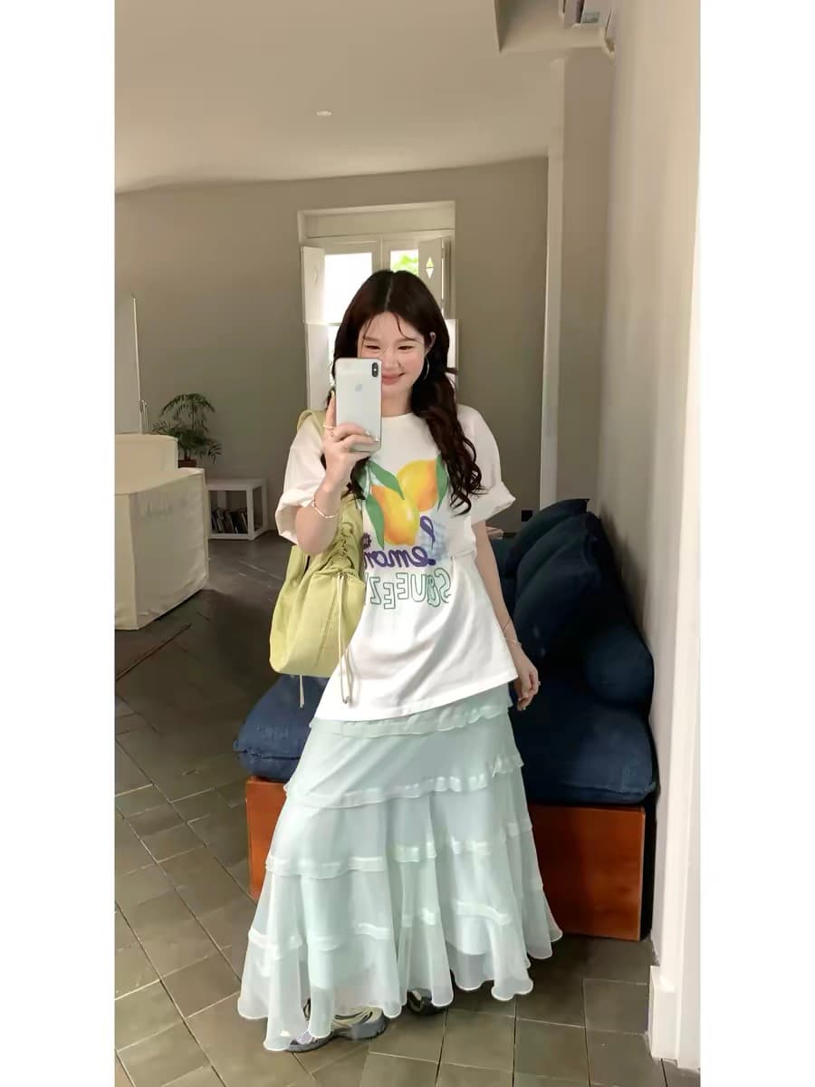 한국 스타일 루즈핏 슬림해 보이는 프린트 반팔 티셔츠 여성 라운드 넥 중간 길이 반소매 맨위 상세 이미지 4