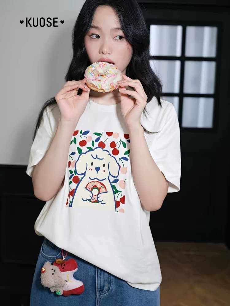 강아지 프린트 긍정적 인 어깨 반팔 티셔츠 여성 2026 여름 새로운 출퇴근 화이트 맨위 순면 동정 상세 이미지 5