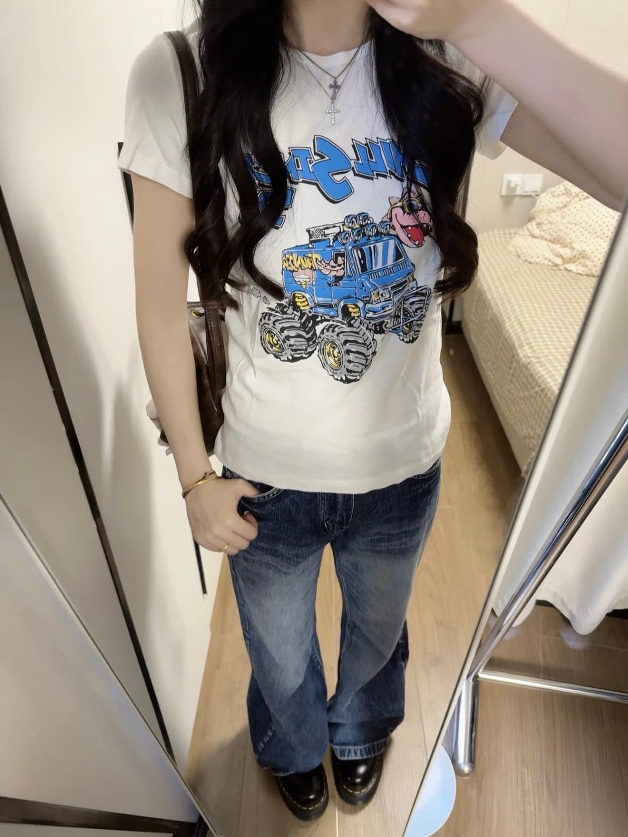 여성 의류 새로운 라운드 넥 알파벳 공룡 만화 자동차 순면 반팔 티셔츠 여성 슬림해 보이는 다용도 맨위 이미지 2