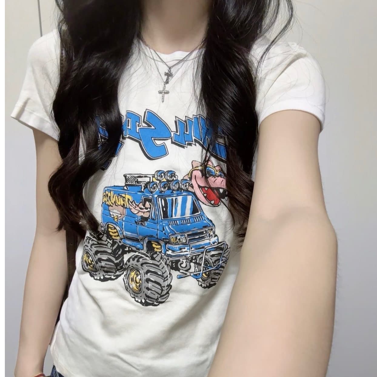 여성 의류 새로운 라운드 넥 알파벳 공룡 만화 자동차 순면 반팔 티셔츠 여성 슬림해 보이는 다용도 맨위