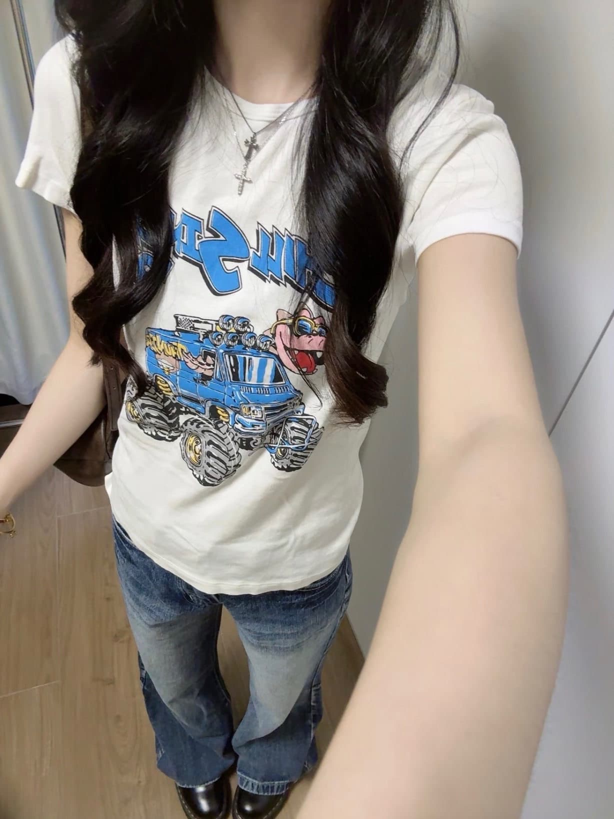 여성 의류 새로운 라운드 넥 알파벳 공룡 만화 자동차 순면 반팔 티셔츠 여성 슬림해 보이는 다용도 맨위 상세 이미지 2