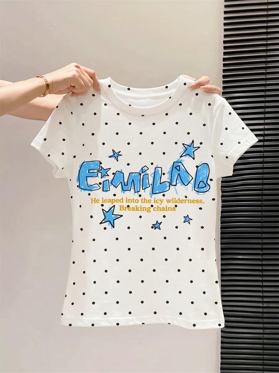 올해 ~ 중 인기 새로운 알파벳 낙서 도트 무늬 반팔 티셔츠 여성 여름 아메리칸 차가운 매운맛 착용 가져 가라. 긍정적 인 어깨 의류 상세 이미지 2