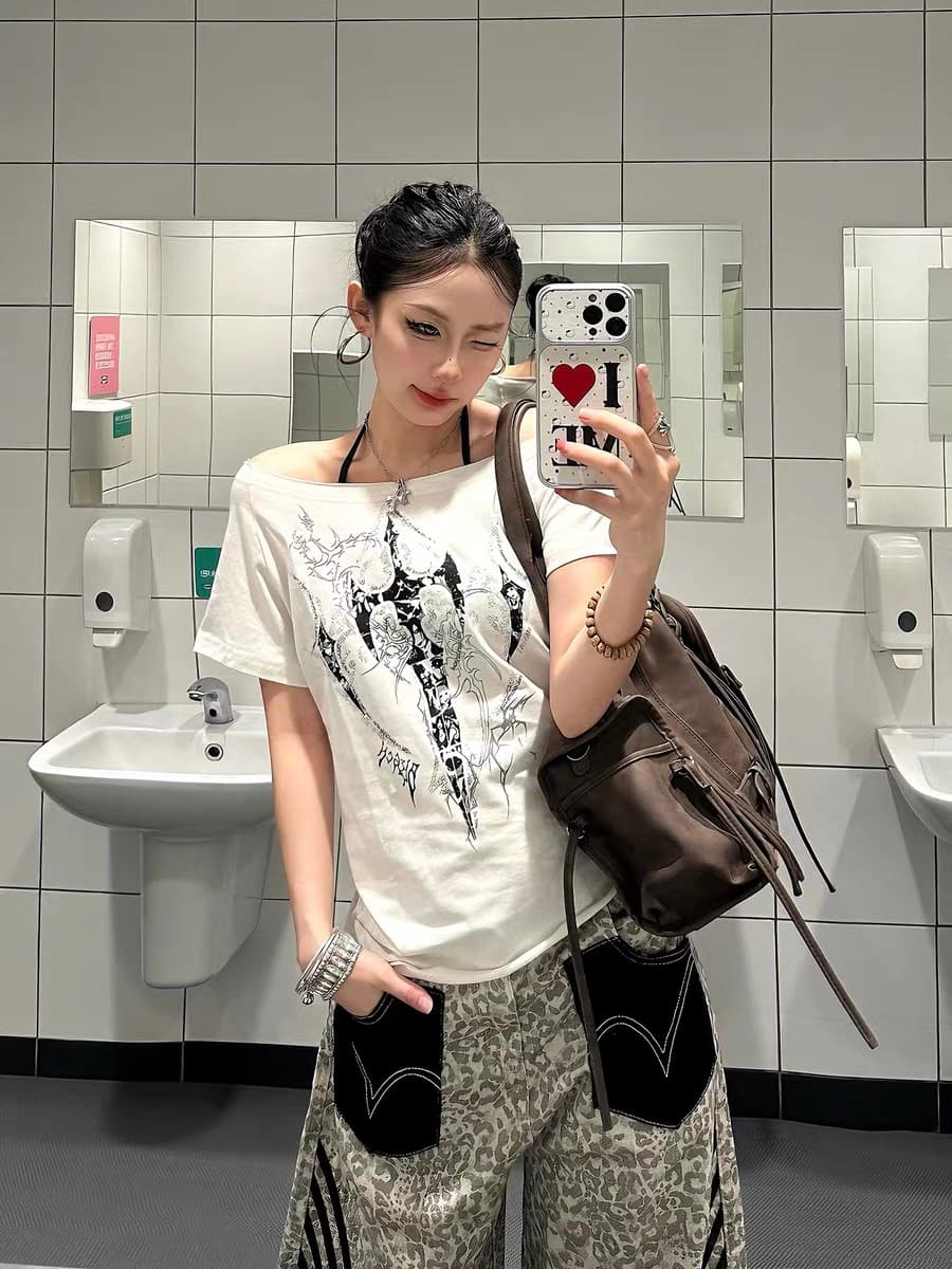 아메리칸 형제 특별 바람 비스듬한 어깨 반팔 티셔츠 여성 여름 핫걸 y2k 오프숄더 슬림해 보이는 캐주얼 짧은 맨위 여성 상세 이미지 4