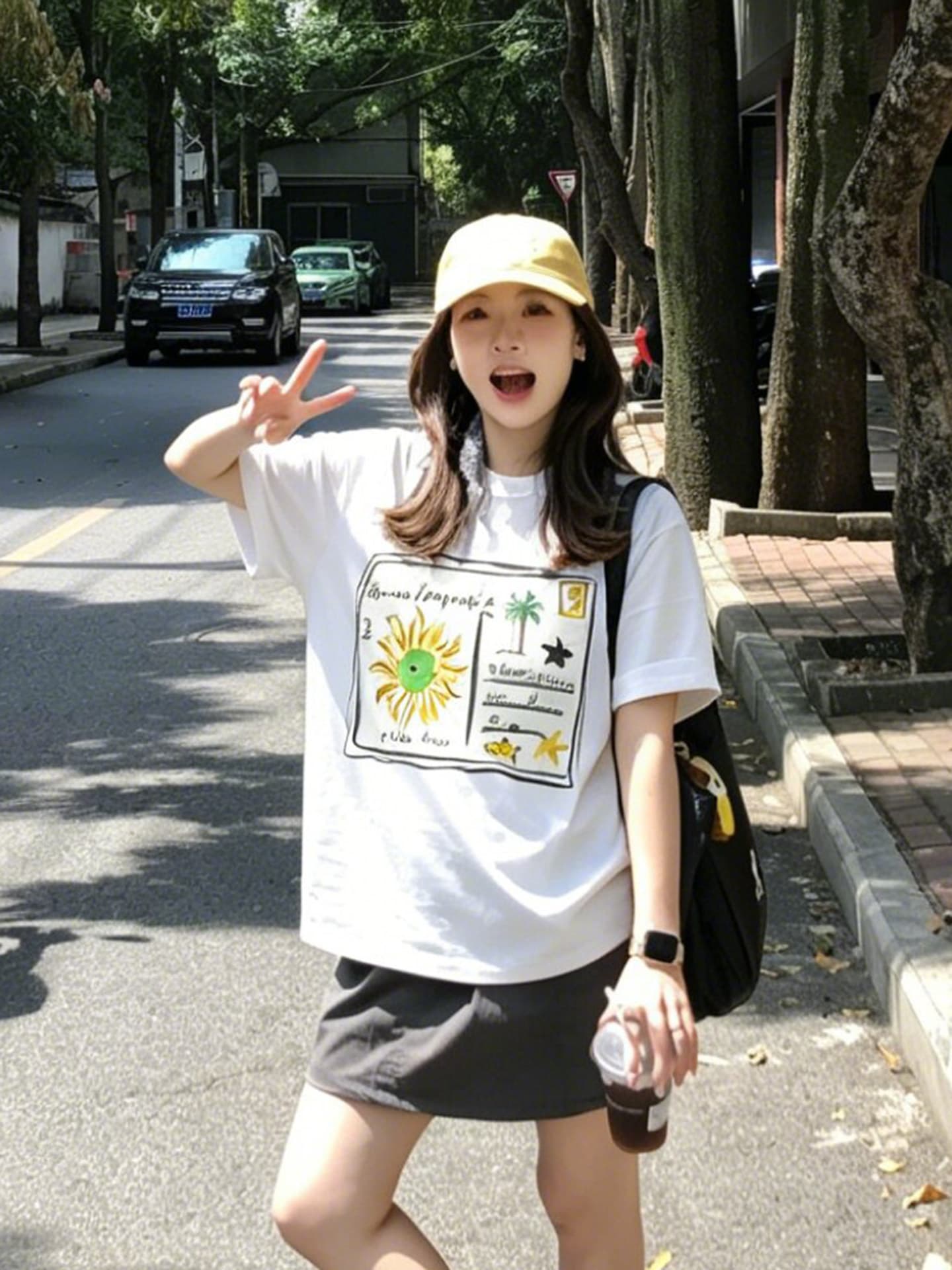 아메리칸 재미있는 엽서 프린트 반팔 티셔츠 여성 여름 작은 대중 루즈핏 캐주얼 학생 다용도 맨위 상세 이미지 3