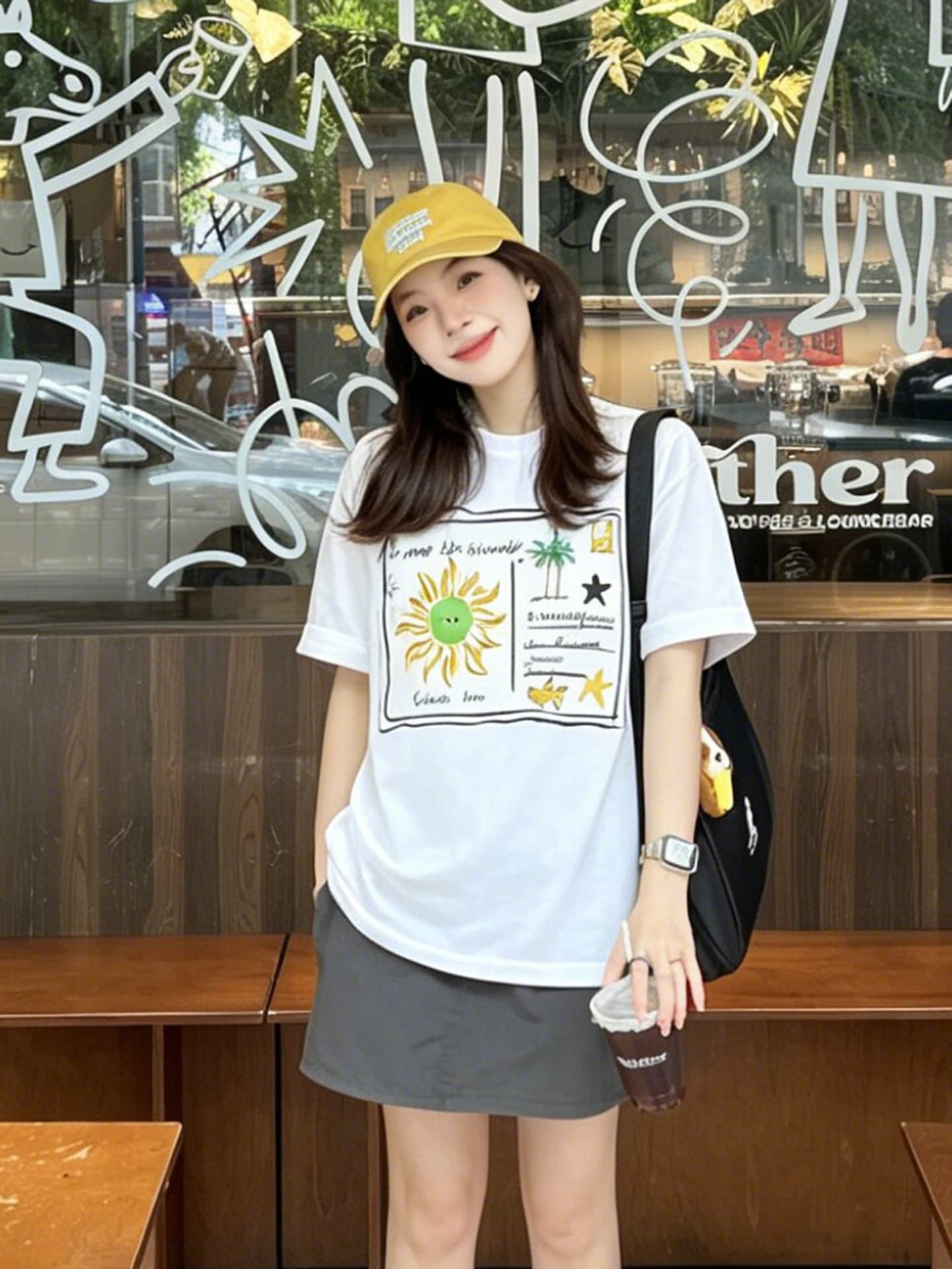 아메리칸 재미있는 엽서 프린트 반팔 티셔츠 여성 여름 작은 대중 루즈핏 캐주얼 학생 다용도 맨위 상세 이미지 5