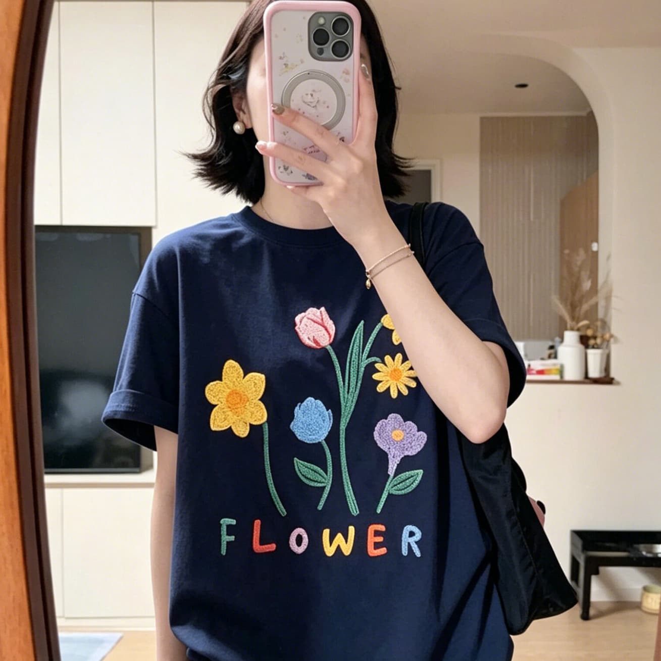 한 부서 재미있는 낙서 작은 꽃 알파벳 프린트 반팔 티셔츠 여성 여름 루즈핏 학생 반소매 맨위