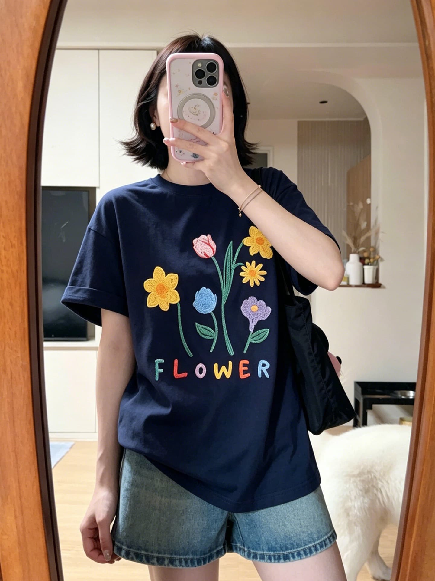한 부서 재미있는 낙서 작은 꽃 알파벳 프린트 반팔 티셔츠 여성 여름 루즈핏 학생 반소매 맨위 상세 이미지 3