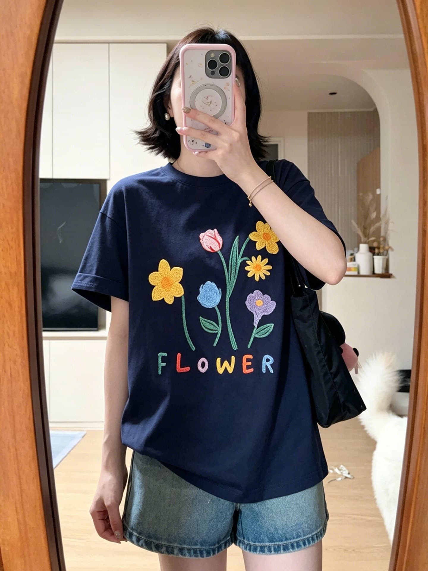 한 부서 재미있는 낙서 작은 꽃 알파벳 프린트 반팔 티셔츠 여성 여름 루즈핏 학생 반소매 맨위 상세 이미지 4