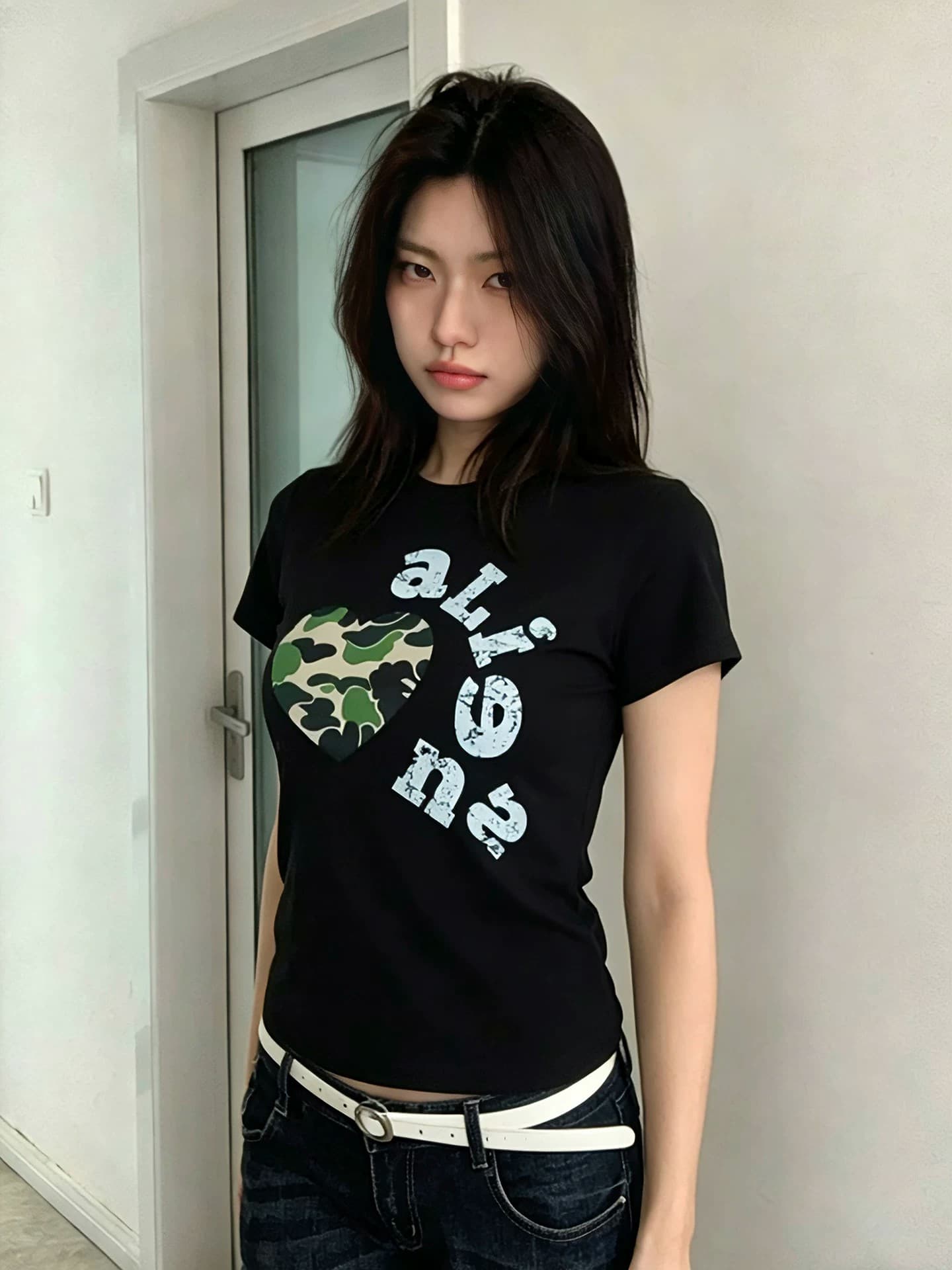아메리칸 레트로 카모플라주 하트 프린트 반팔 긍정적 인 어깨 티셔츠 여성 여름 라운드 넥 몸매 가꾸기 슬림해 보이는 핫걸 짧은 맨위 이미지 2