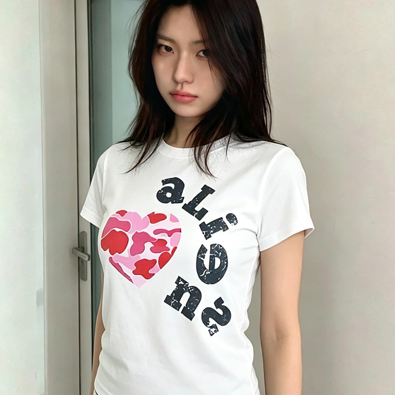아메리칸 레트로 카모플라주 하트 프린트 반팔 긍정적 인 어깨 티셔츠 여성 여름 라운드 넥 몸매 가꾸기 슬림해 보이는 핫걸 짧은 맨위 상세 이미지 1