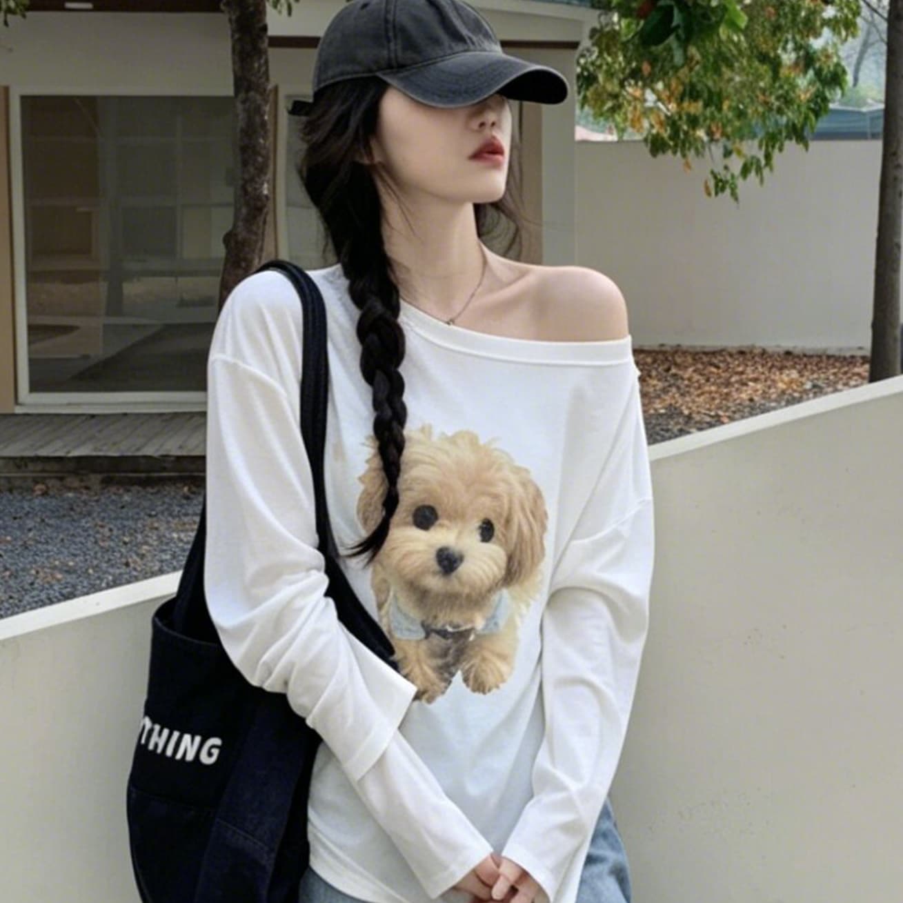 한 부서 귀여운 강아지 프린트 비스듬한 어깨 긴팔 티셔츠 여성 여름 루즈핏 캐주얼 다용도 자외선 차단 블라우스