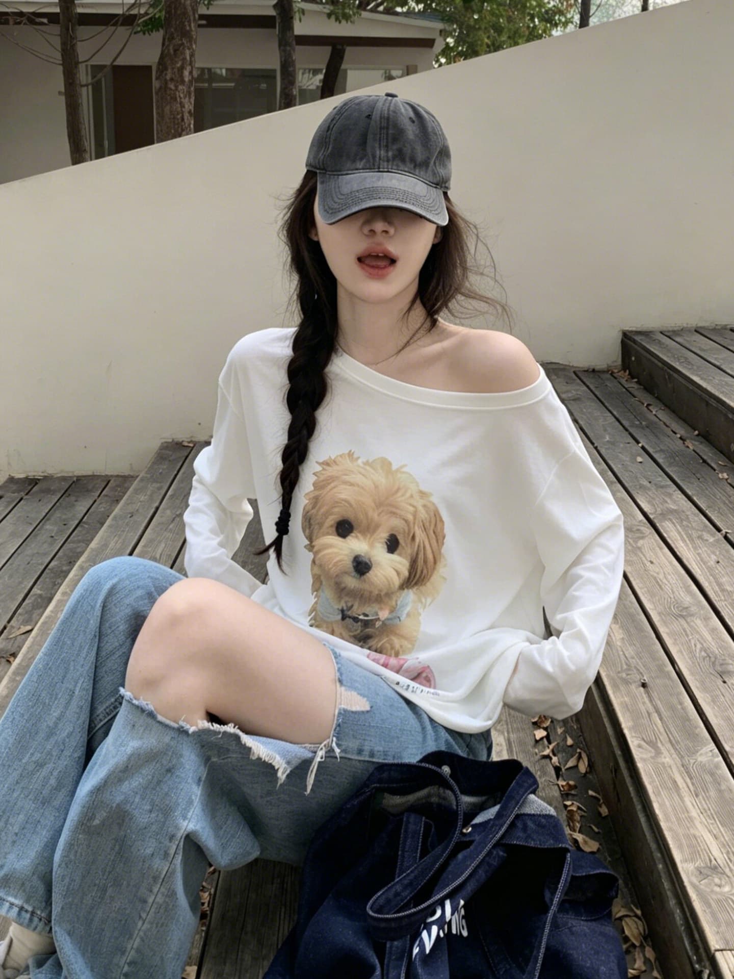 한 부서 귀여운 강아지 프린트 비스듬한 어깨 긴팔 티셔츠 여성 여름 루즈핏 캐주얼 다용도 자외선 차단 블라우스 상세 이미지 2