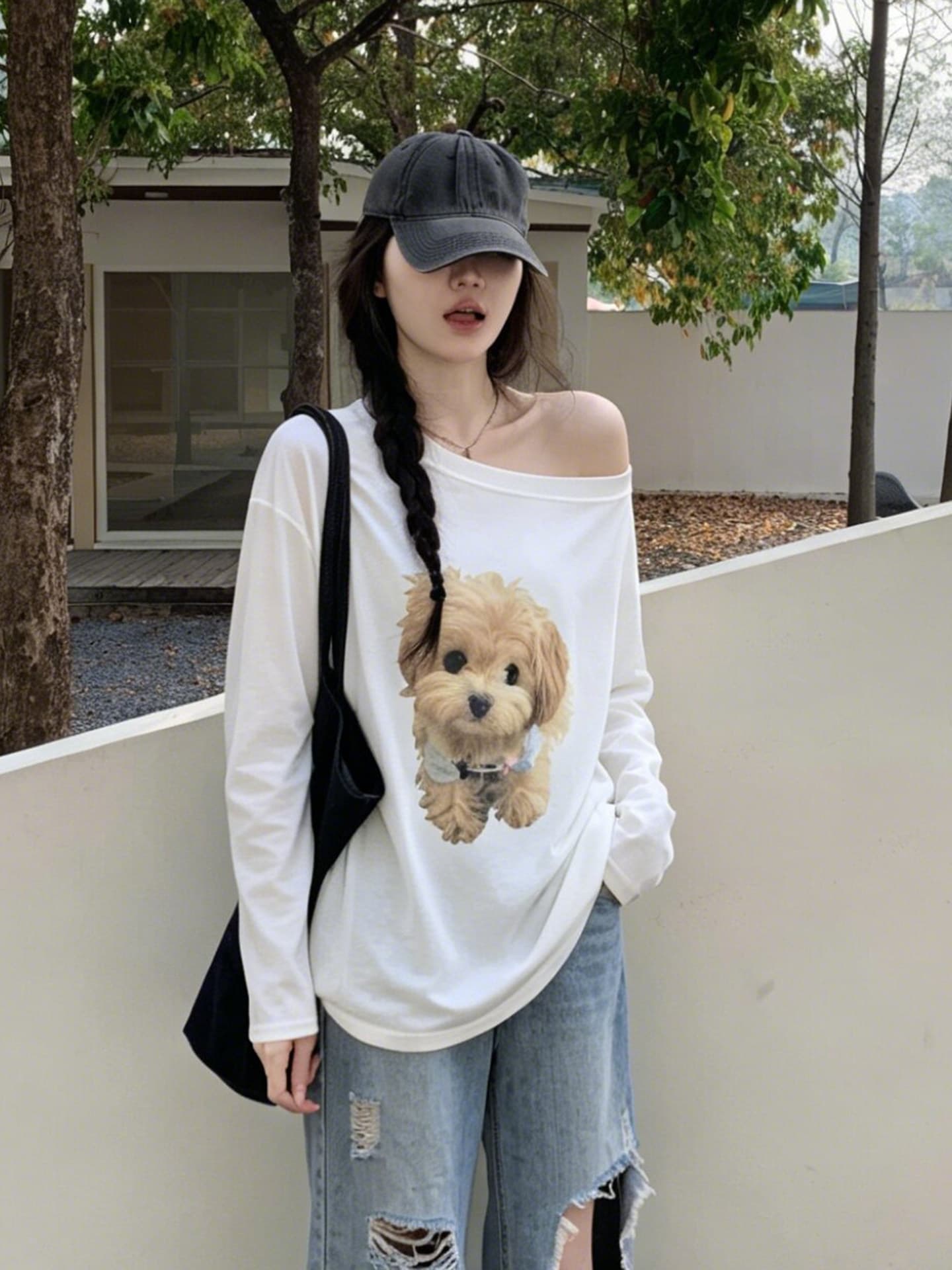 한 부서 귀여운 강아지 프린트 비스듬한 어깨 긴팔 티셔츠 여성 여름 루즈핏 캐주얼 다용도 자외선 차단 블라우스 상세 이미지 4