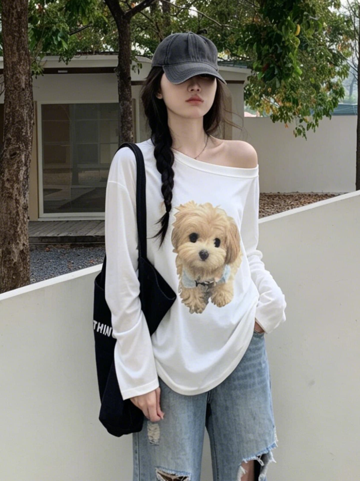 한 부서 귀여운 강아지 프린트 비스듬한 어깨 긴팔 티셔츠 여성 여름 루즈핏 캐주얼 다용도 자외선 차단 블라우스 상세 이미지 5