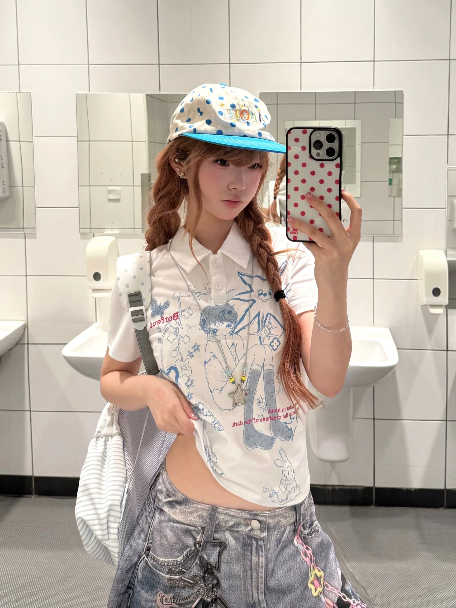 레트로 아시아 인 멩 센스 낙서 만화 POLO 칼라 반팔 티셔츠 여성 y2k 슬림해 보이는 긍정적 인 어깨 의류 여름 이미지 2