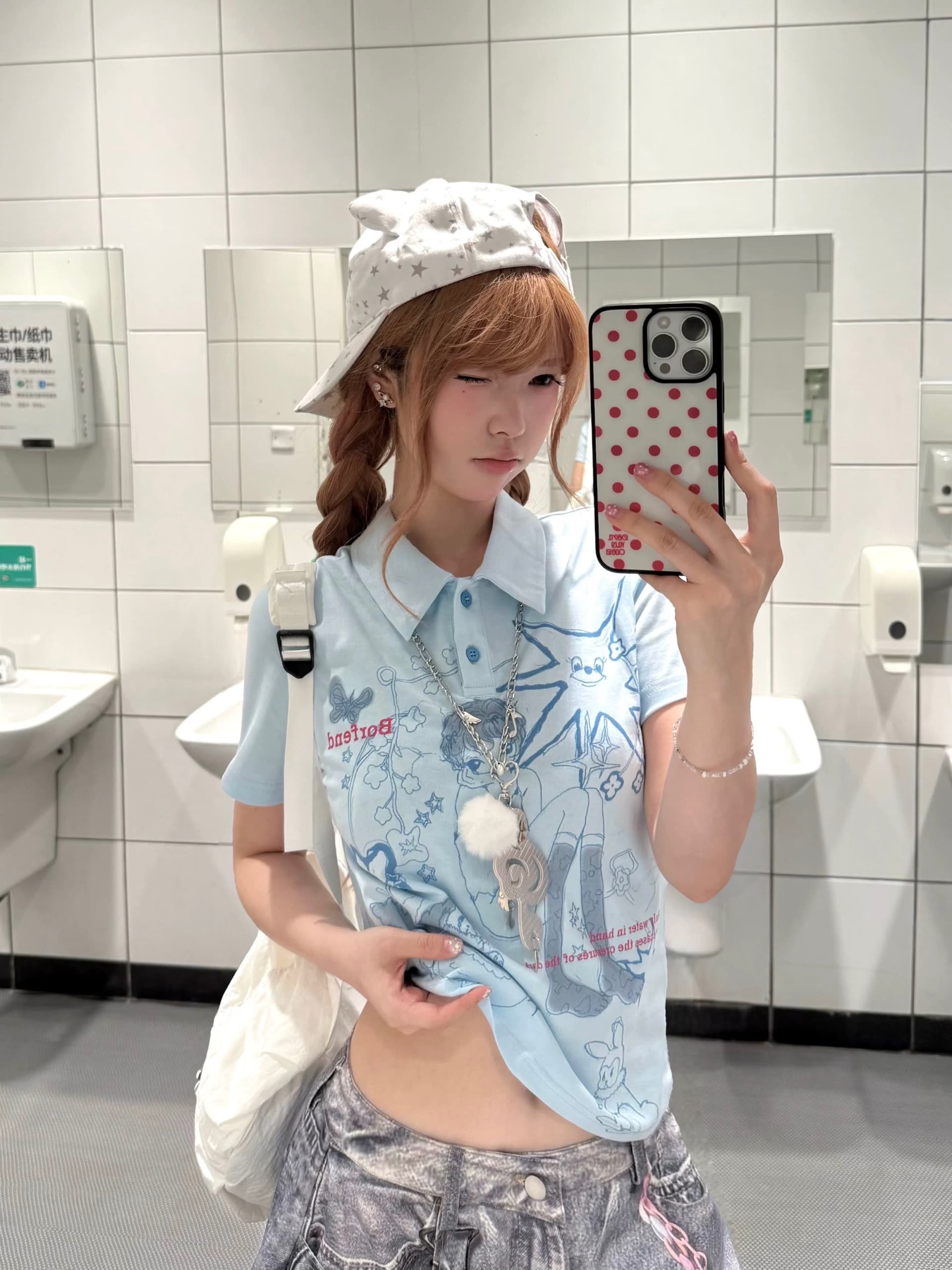 레트로 아시아 인 멩 센스 낙서 만화 POLO 칼라 반팔 티셔츠 여성 y2k 슬림해 보이는 긍정적 인 어깨 의류 여름 이미지 3