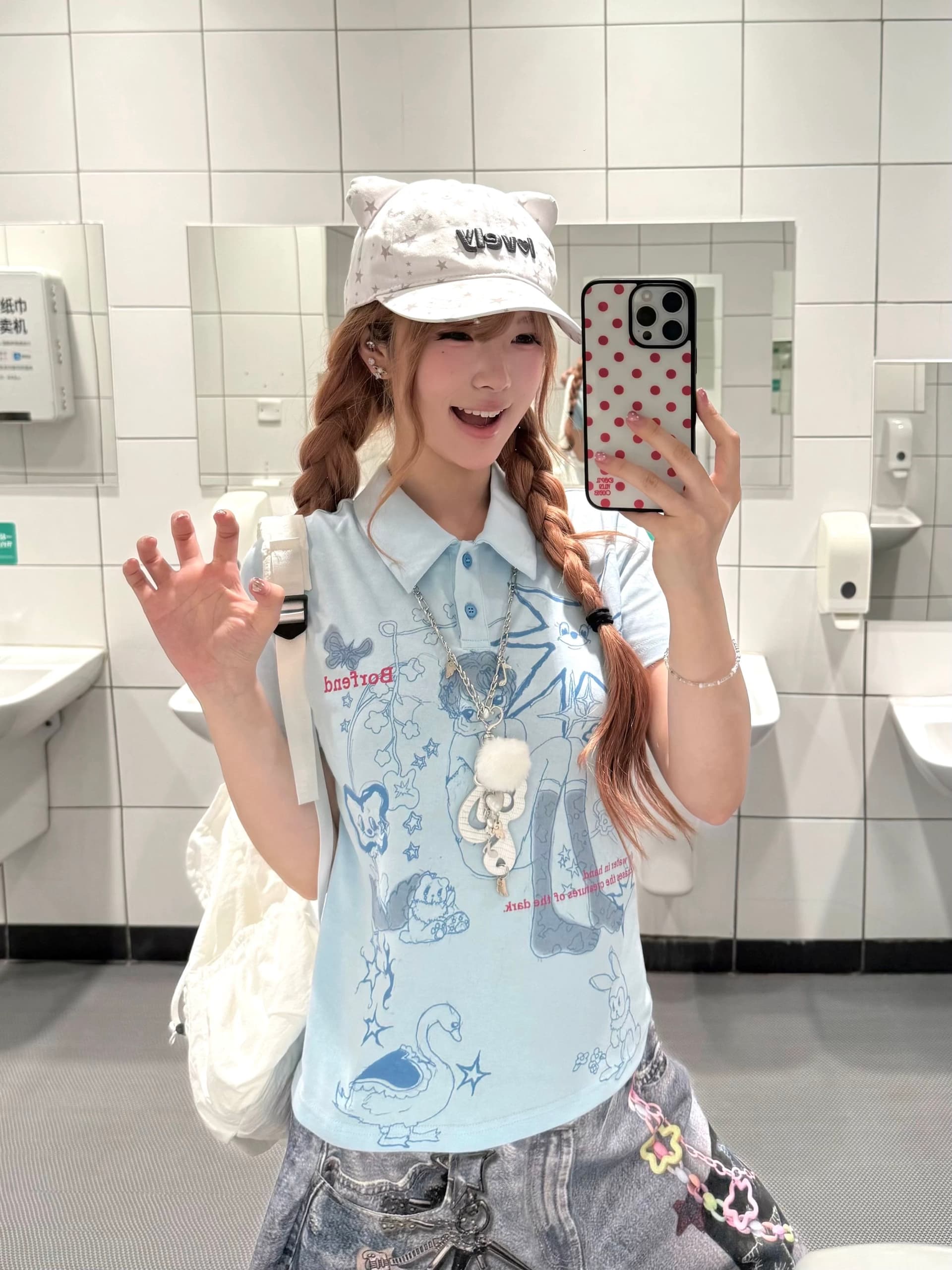 레트로 아시아 인 멩 센스 낙서 만화 POLO 칼라 반팔 티셔츠 여성 y2k 슬림해 보이는 긍정적 인 어깨 의류 여름 이미지 4