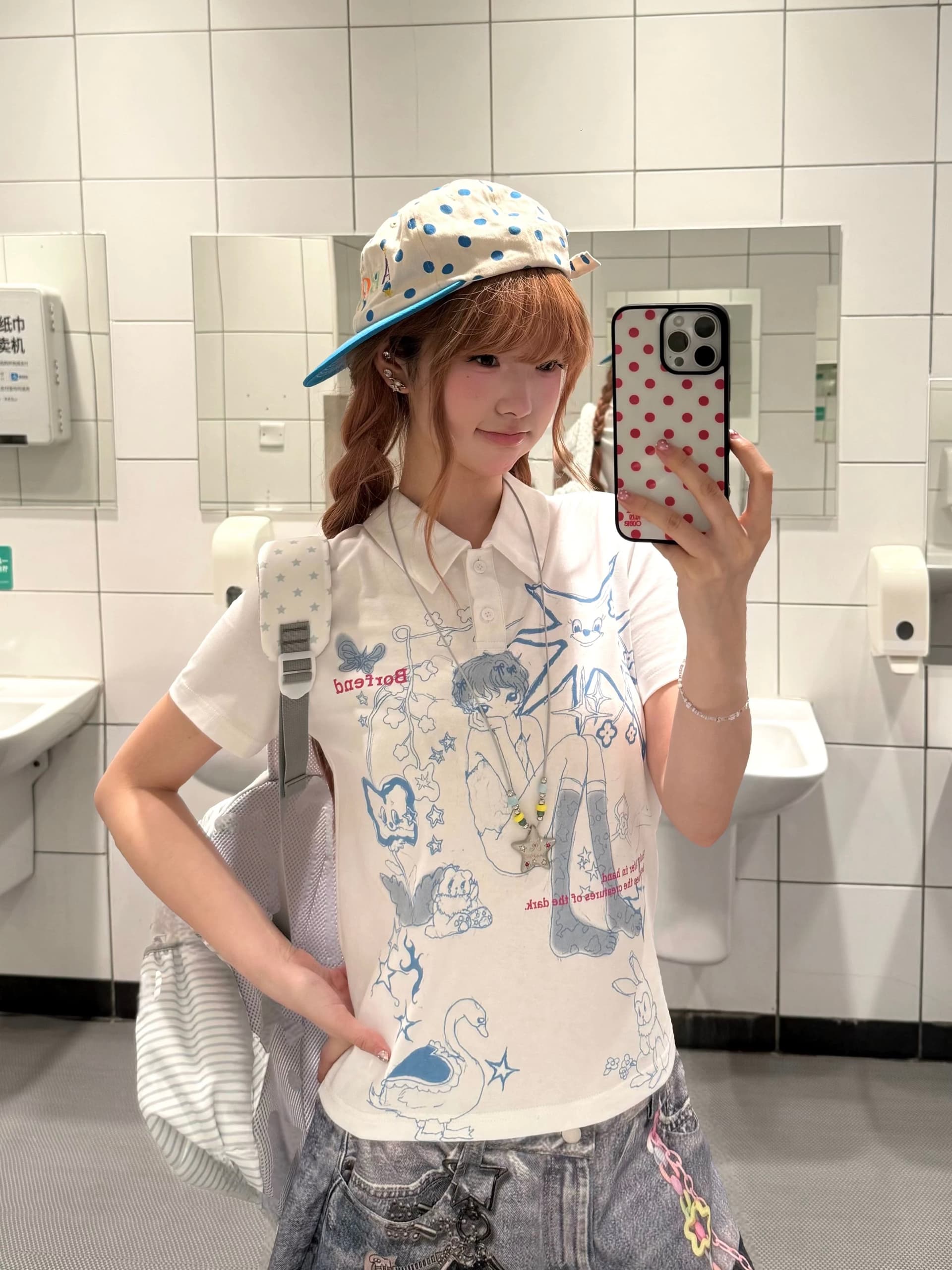 레트로 아시아 인 멩 센스 낙서 만화 POLO 칼라 반팔 티셔츠 여성 y2k 슬림해 보이는 긍정적 인 어깨 의류 여름 상세 이미지 3