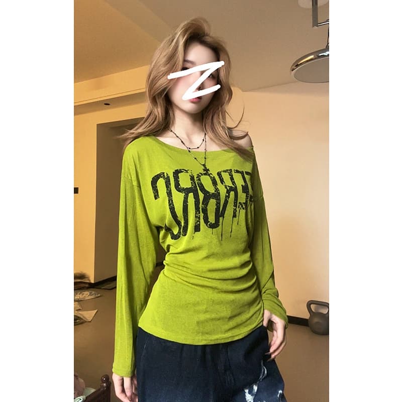도파민 착용 가져 가라. 알파벳 프린트 긴팔 티셔츠 여성 여름 얇은 스타일 자외선 차단 블라우스 디자인 센스 스트랩 허리 수축 맨위 이미지 2