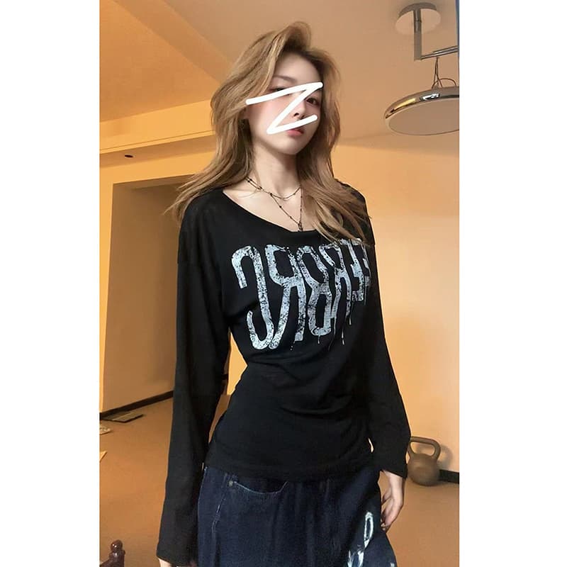 도파민 착용 가져 가라. 알파벳 프린트 긴팔 티셔츠 여성 여름 얇은 스타일 자외선 차단 블라우스 디자인 센스 스트랩 허리 수축 맨위 상세 이미지 4