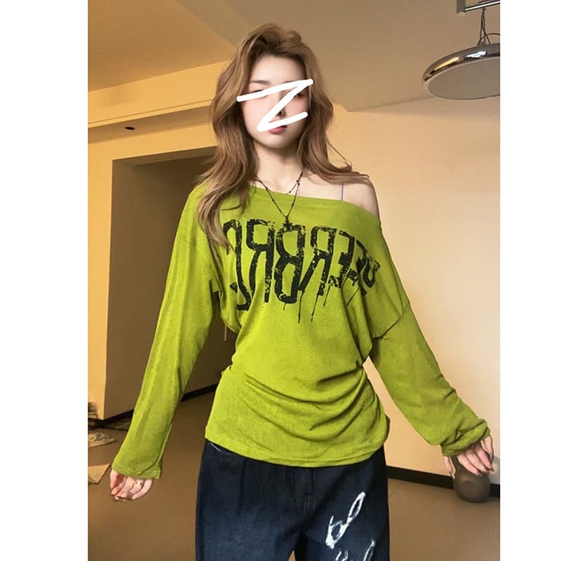 도파민 착용 가져 가라. 알파벳 프린트 긴팔 티셔츠 여성 여름 얇은 스타일 자외선 차단 블라우스 디자인 센스 스트랩 허리 수축 맨위 상세 이미지 5