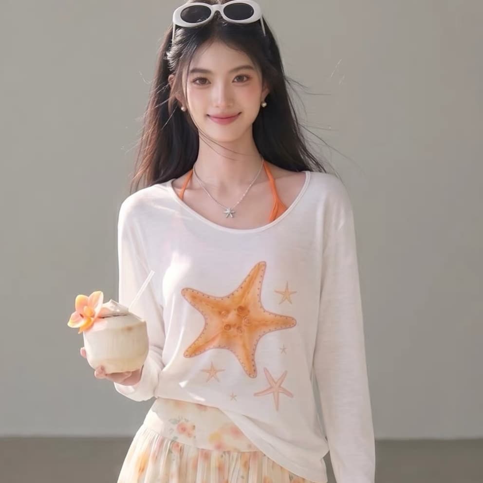 슈퍼 화재 작은 대중 아니요 명중 섹션 맨위 빛 럭셔리 고급 센스 긴팔 얇은 스타일 한 부서 화이트 프린트 태양 보호 셔츠 여성 상세 이미지 1