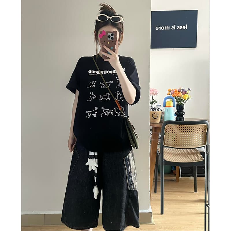 아메리칸 캐주얼 검정색 라운드 넥 반팔 티셔츠 여성 여름 새로운 강아지 일러스트레이션 프린트 느슨함 센스 루즈핏 맨위 상세 이미지 2