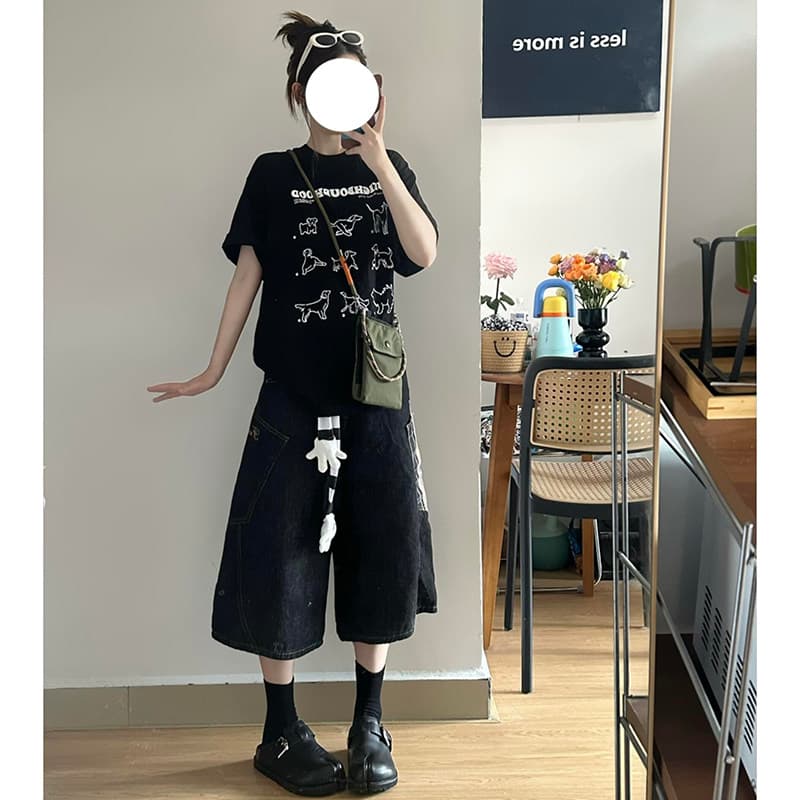 아메리칸 캐주얼 검정색 라운드 넥 반팔 티셔츠 여성 여름 새로운 강아지 일러스트레이션 프린트 느슨함 센스 루즈핏 맨위 상세 이미지 3