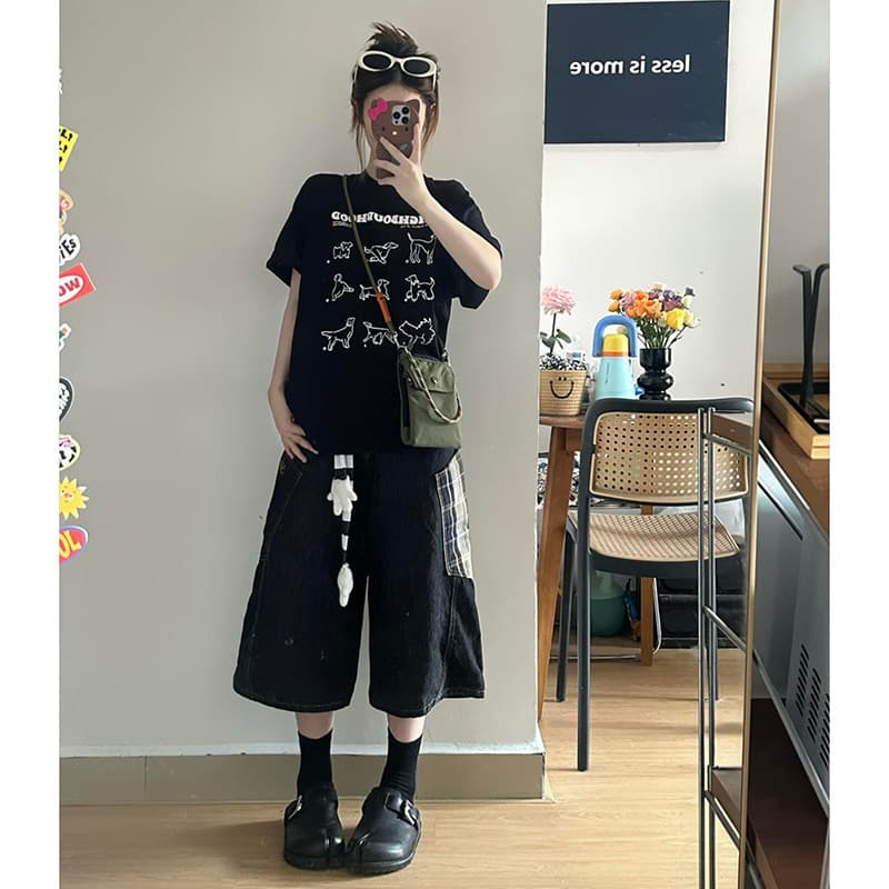 아메리칸 캐주얼 검정색 라운드 넥 반팔 티셔츠 여성 여름 새로운 강아지 일러스트레이션 프린트 느슨함 센스 루즈핏 맨위 상세 이미지 4
