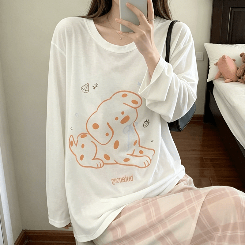 한 부서 느긋한 스팟 강아지 알파벳 프린트 긴팔 얇은 스타일 루즈핏 티셔츠 여성 여름 자외선 차단 블라우스 에어컨 셔츠 이미지 3