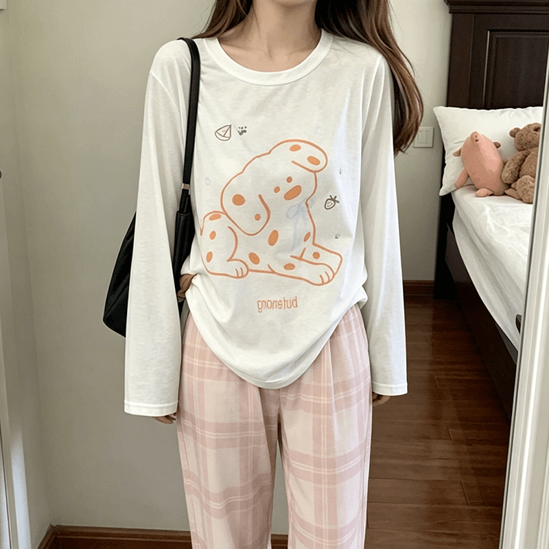 한 부서 느긋한 스팟 강아지 알파벳 프린트 긴팔 얇은 스타일 루즈핏 티셔츠 여성 여름 자외선 차단 블라우스 에어컨 셔츠 이미지 2