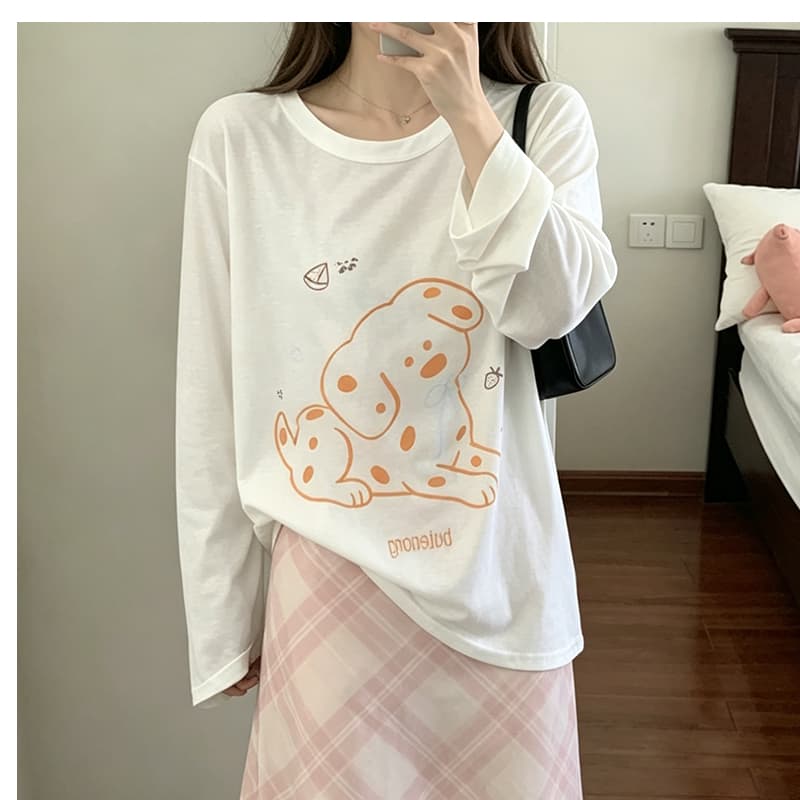 한 부서 느긋한 스팟 강아지 알파벳 프린트 긴팔 얇은 스타일 루즈핏 티셔츠 여성 여름 자외선 차단 블라우스 에어컨 셔츠 상세 이미지 1