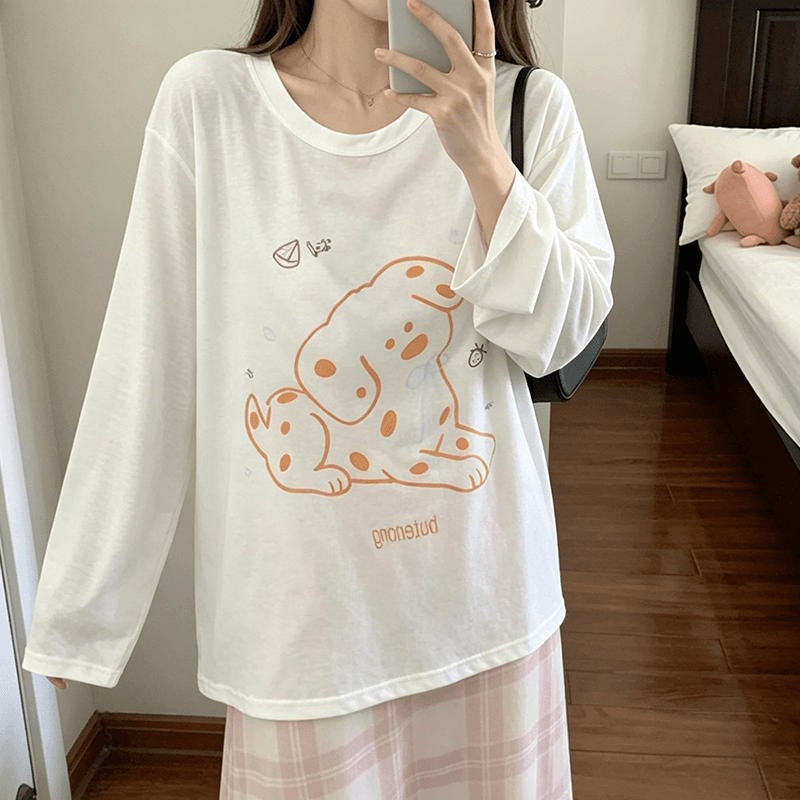 한 부서 느긋한 스팟 강아지 알파벳 프린트 긴팔 얇은 스타일 루즈핏 티셔츠 여성 여름 자외선 차단 블라우스 에어컨 셔츠 상세 이미지 2