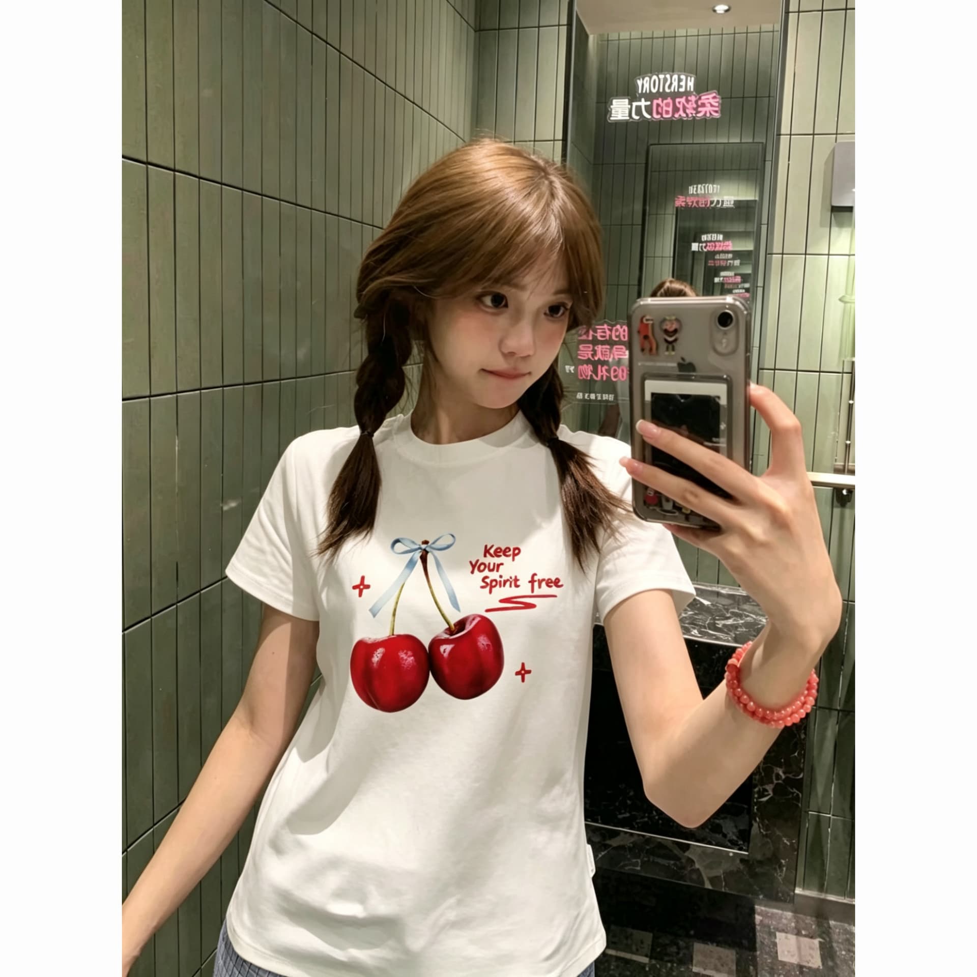 아메리칸 미니멀리즘 달콤한 자매 체리 프린트 반팔 티셔츠 여성 디자인 센스 국가 조수 브랜드 긍정적 인 어깨 몸매 가꾸기 슬림해 보이는 맨위 ins 상세 이미지 4