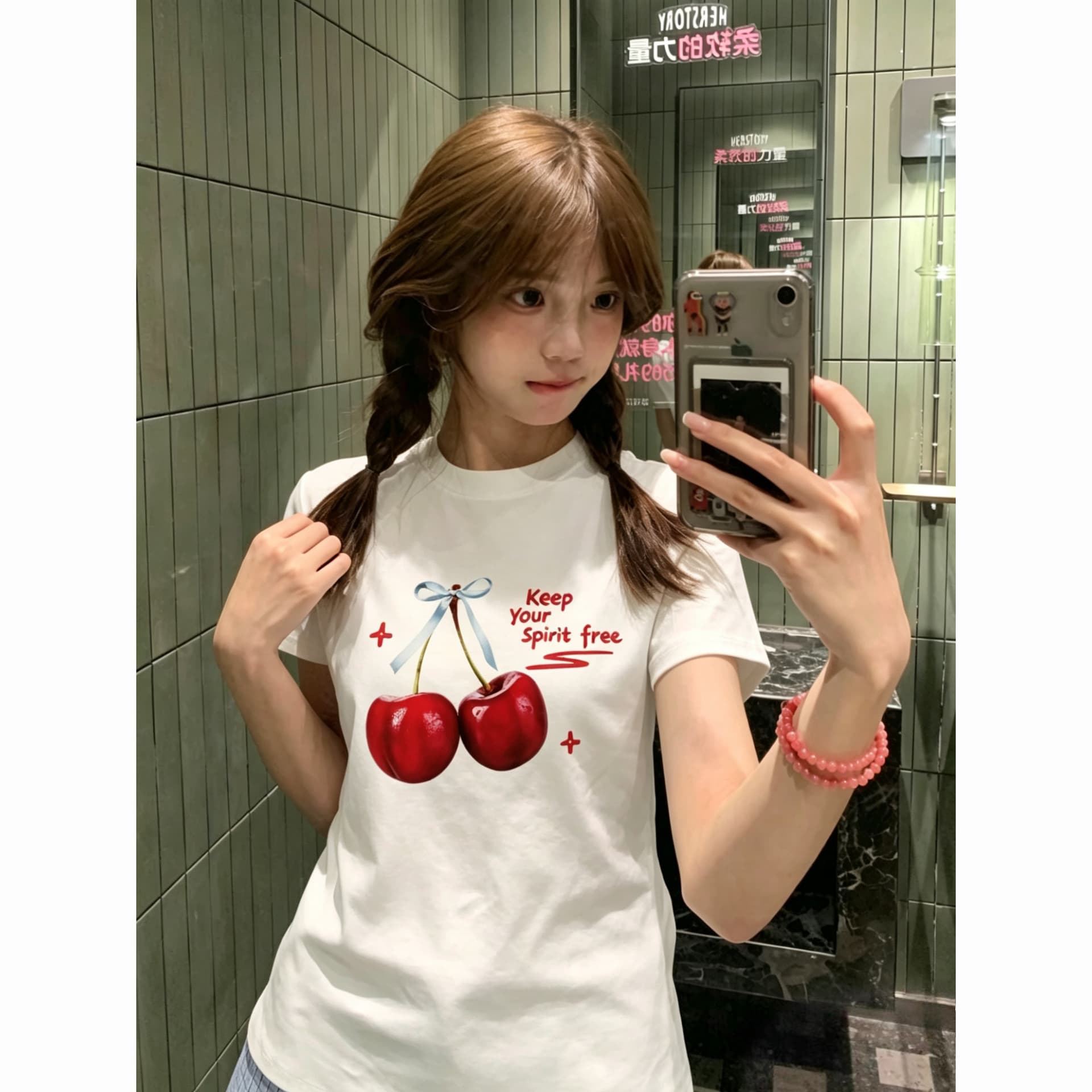 아메리칸 미니멀리즘 달콤한 자매 체리 프린트 반팔 티셔츠 여성 디자인 센스 국가 조수 브랜드 긍정적 인 어깨 몸매 가꾸기 슬림해 보이는 맨위 ins 상세 이미지 5