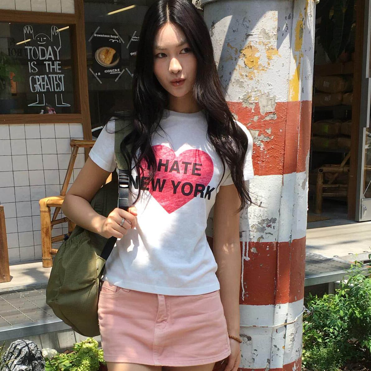 작은 대중 하트 알파벳 프린트 순면 쇼트 스타일 몸매 가꾸기 슬림해 보이는 순면 편안함 반팔 티셔츠 맨위 상세 이미지 1