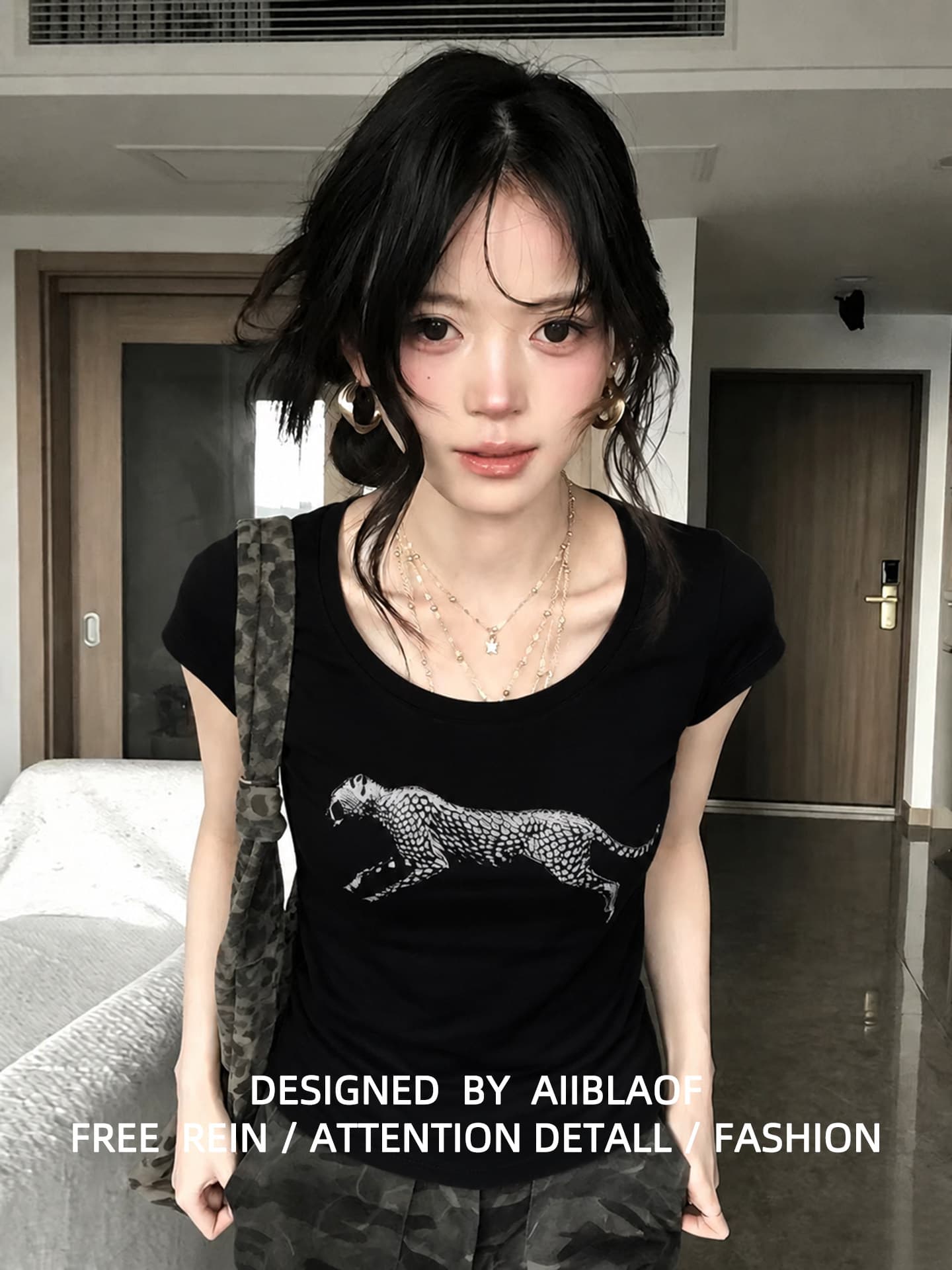 아메리칸 표범 부서 핫걸 대 라운드 넥 프린트 반팔 티셔츠 여성 여름 작은 키 몸매 가꾸기 쇼트 스타일 풀오버 맨위 상세 이미지 4