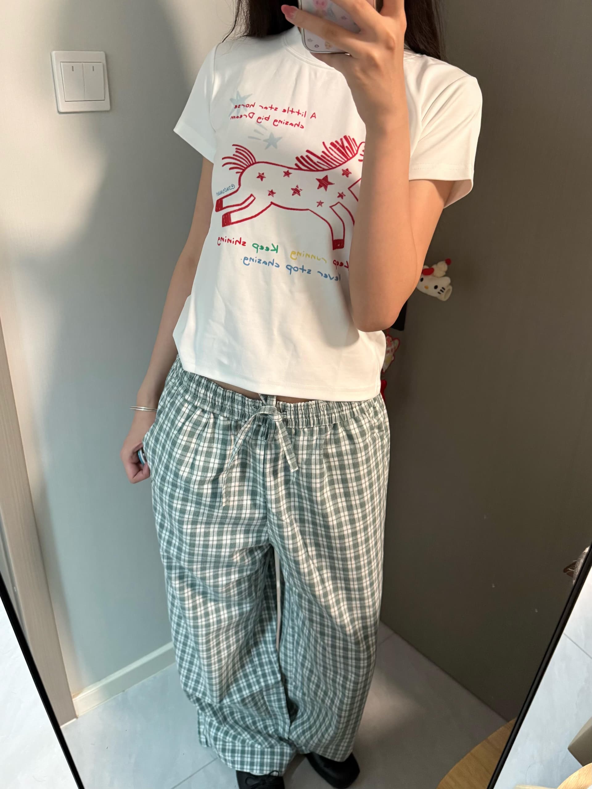 레트로 별 작은 말 프린트 반팔 티셔츠 여름 다용도 긍정적 인 어깨 쇼트 스타일 슬림해 보이는 맨위 여성 이미지 3